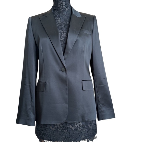Calvin Klein Black Satin Tuxedo Blazer Jacket Size 10 NWOT - Picture 1 of 15